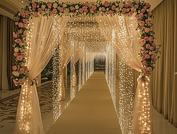 An archway of fairy lights and delicate curtains adorned with roses creates an enchanting entrance for the wedding ceremony decor