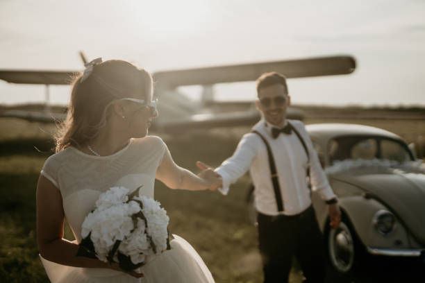 Pre-wedding shoot of a bride and groom  with old timer car